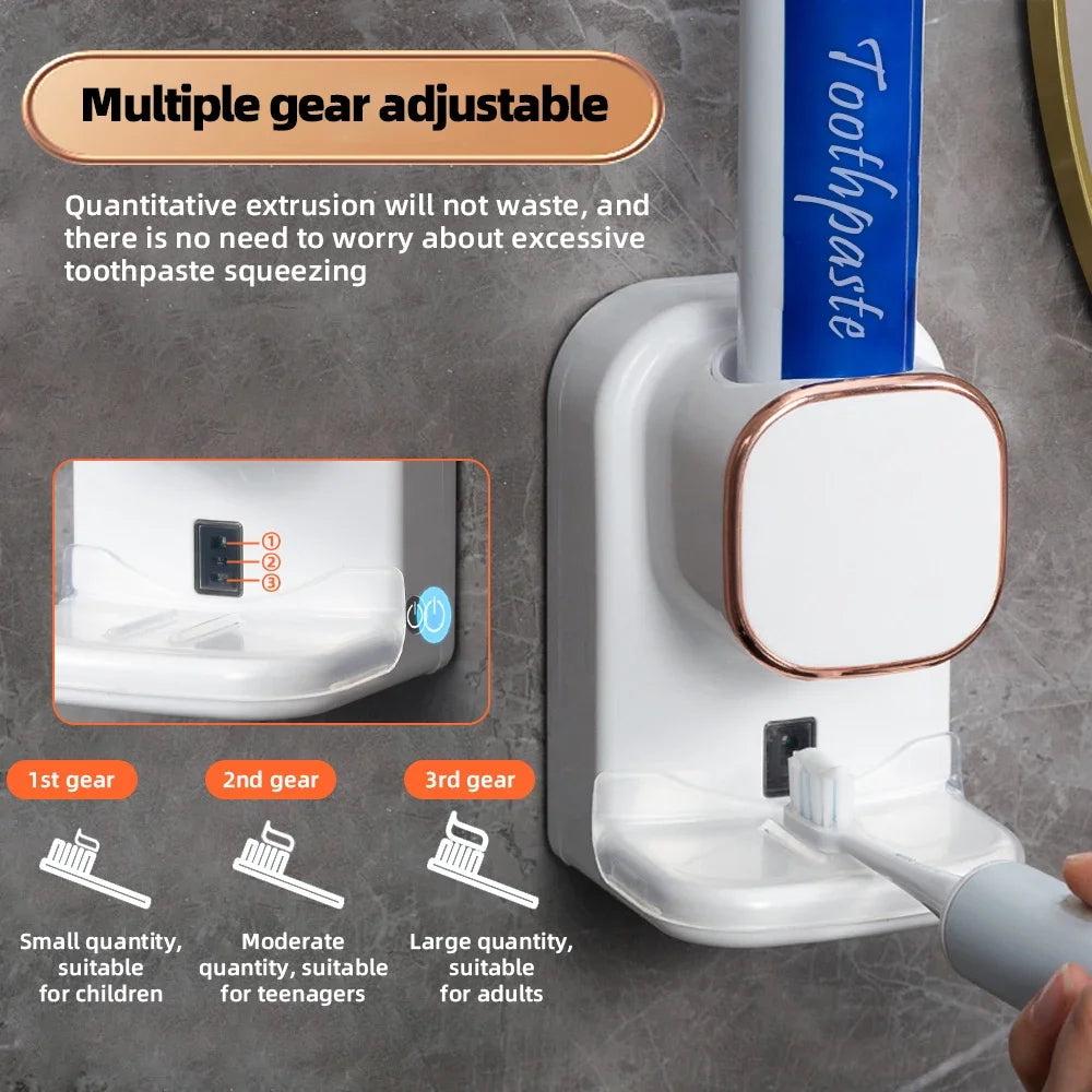 Toothpaste Dispenser, Wall Mounted Squeezer with Toothbrush Holder