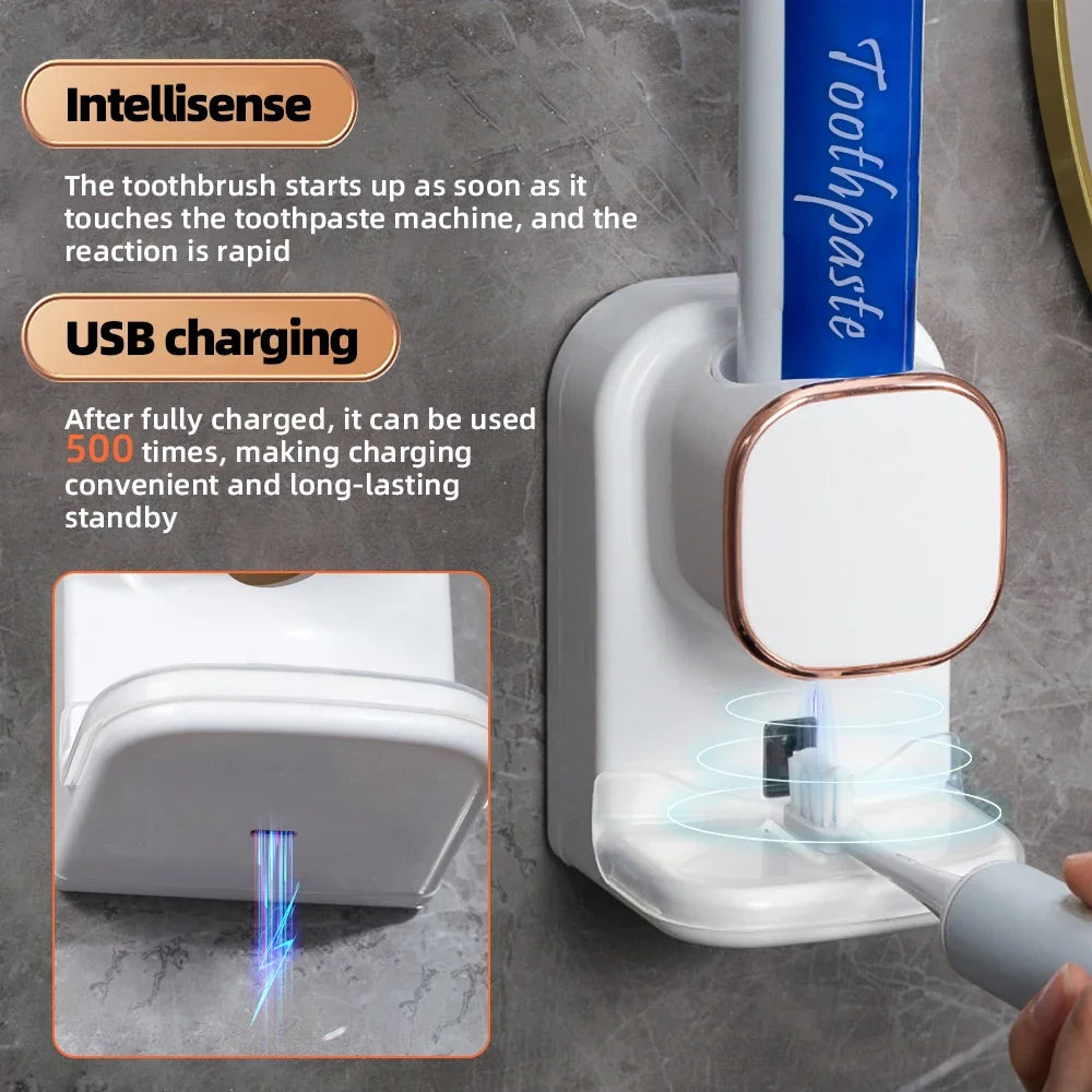 Toothpaste Dispenser, Wall Mounted Squeezer with Toothbrush Holder