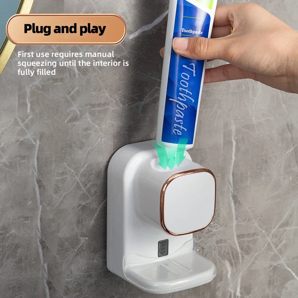 Toothpaste Dispenser, Wall Mounted Squeezer with Toothbrush Holder