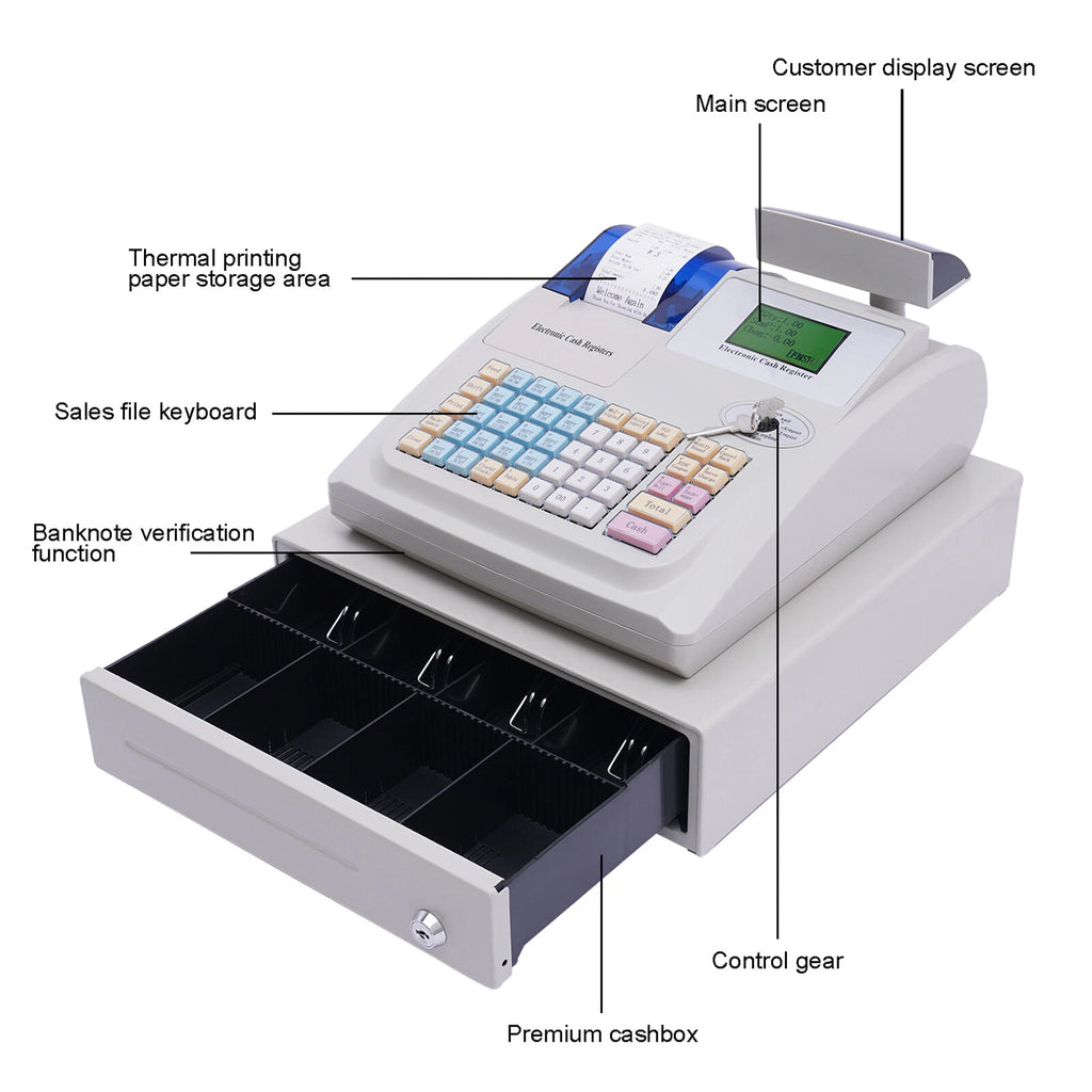White Cash Register with Cash Drawer - Electronic POS for Shop & Retail